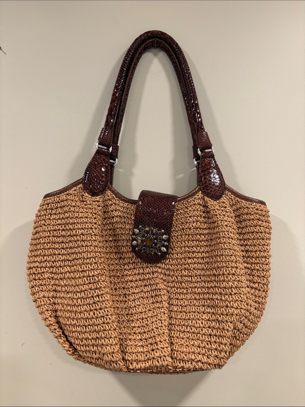 Brighton Gabrielle Woven Raffia Bag Leather Snakeskin Cocco Spell Tiger Eye